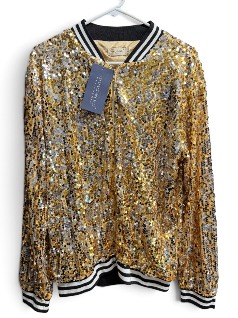 NWT Anna-Kaci Black Gold Sequin Bomber Jacket XL Saints Steelers Bruins